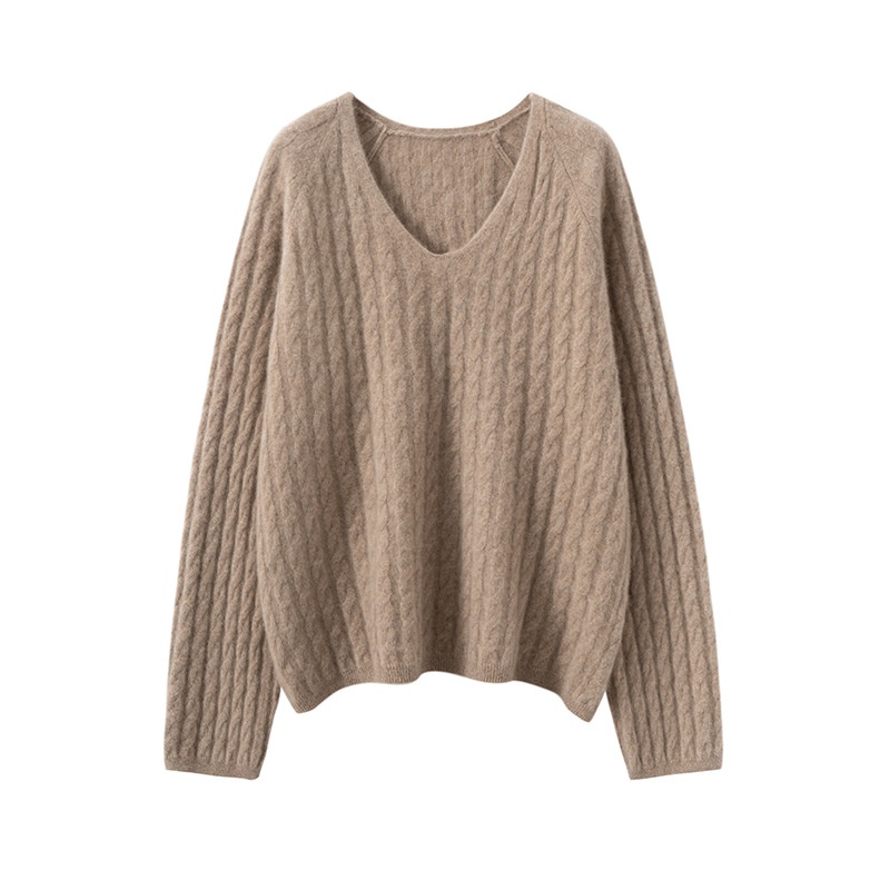 Cashmere Women's Cable Knit V-Neck Cashmere Long Sleeve Sweater