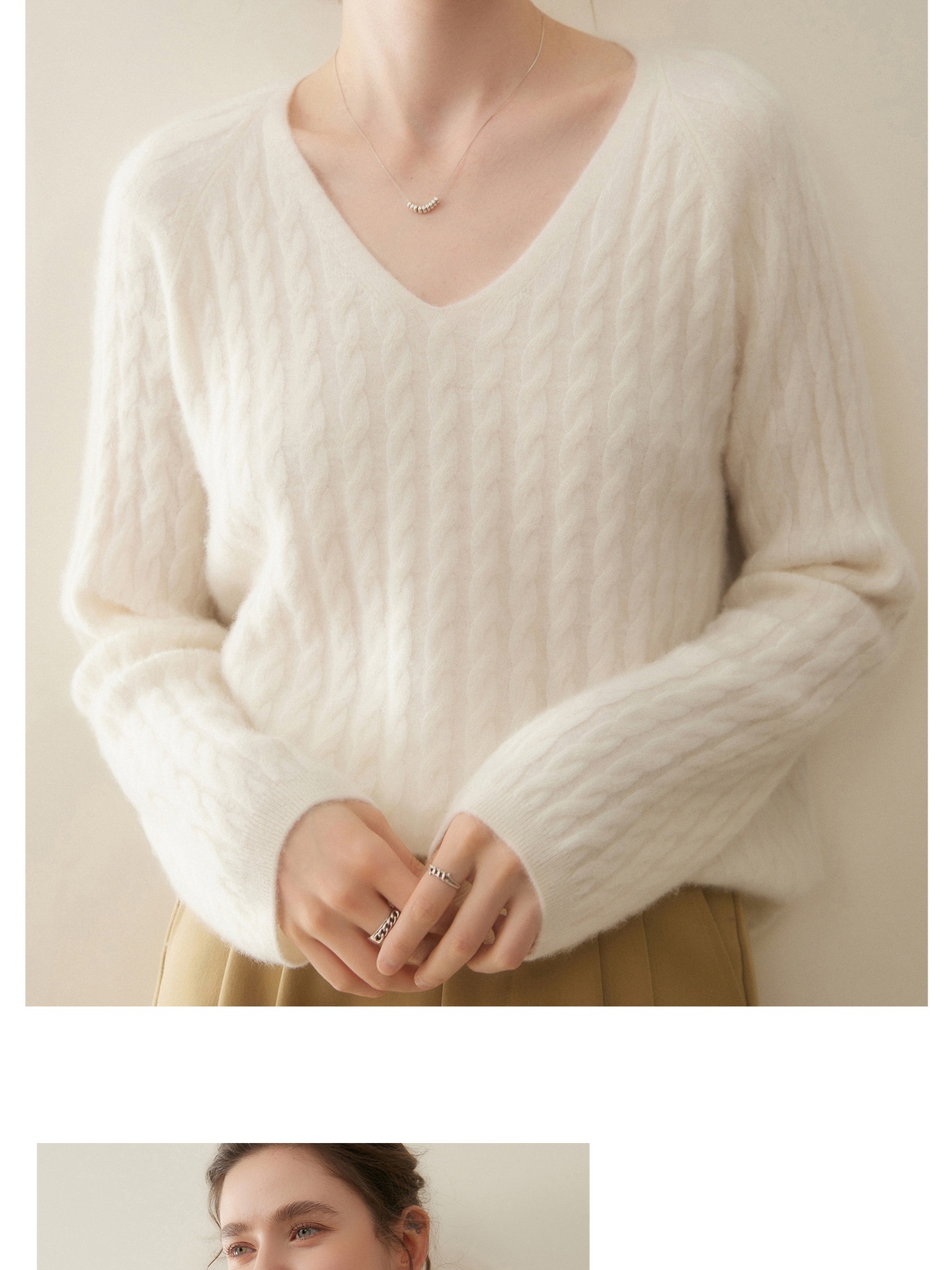 Cashmere Women's Cable Knit V-Neck Cashmere Long Sleeve Sweater