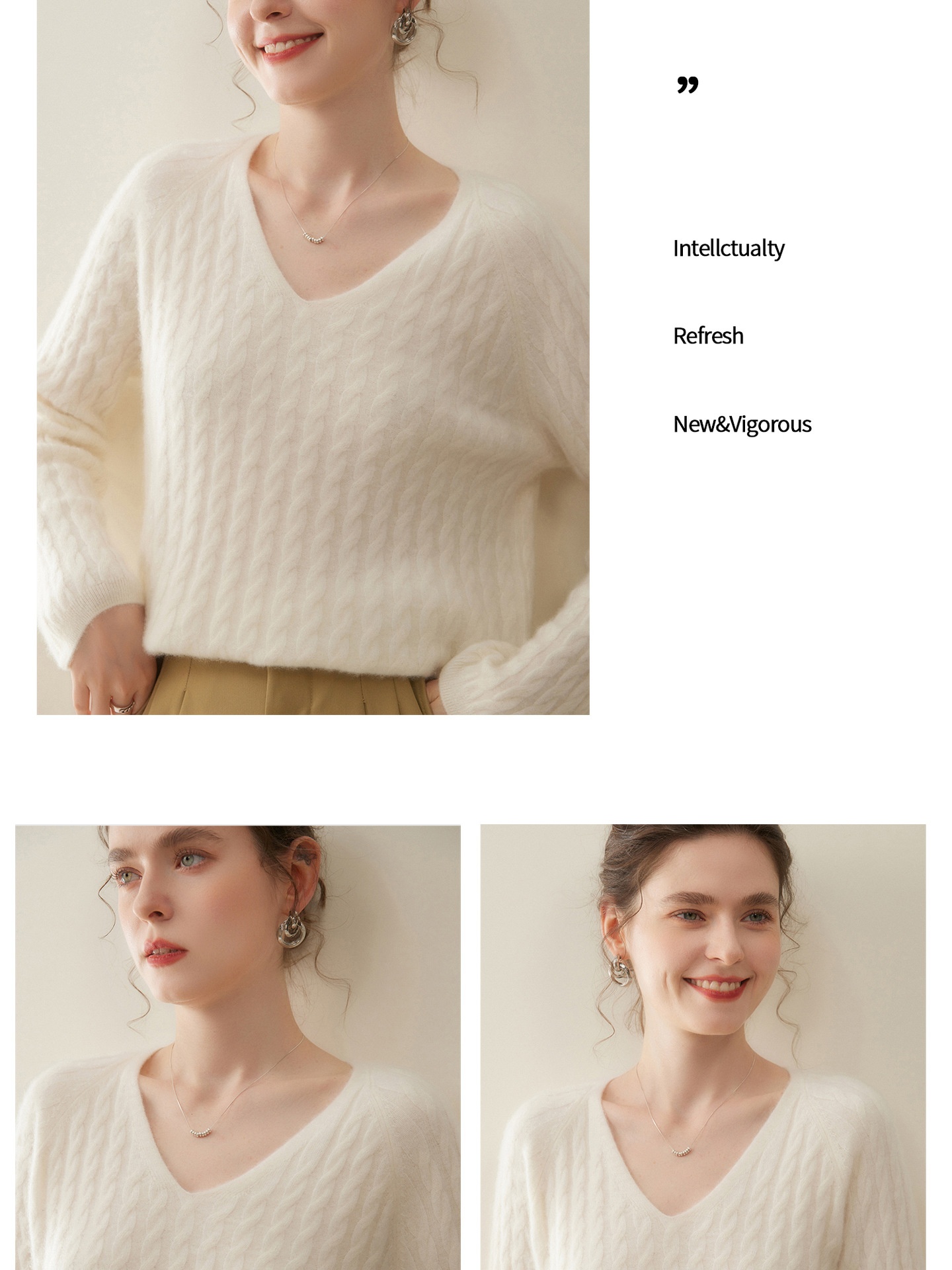 Cashmere Women's Cable Knit V-Neck Cashmere Long Sleeve Sweater