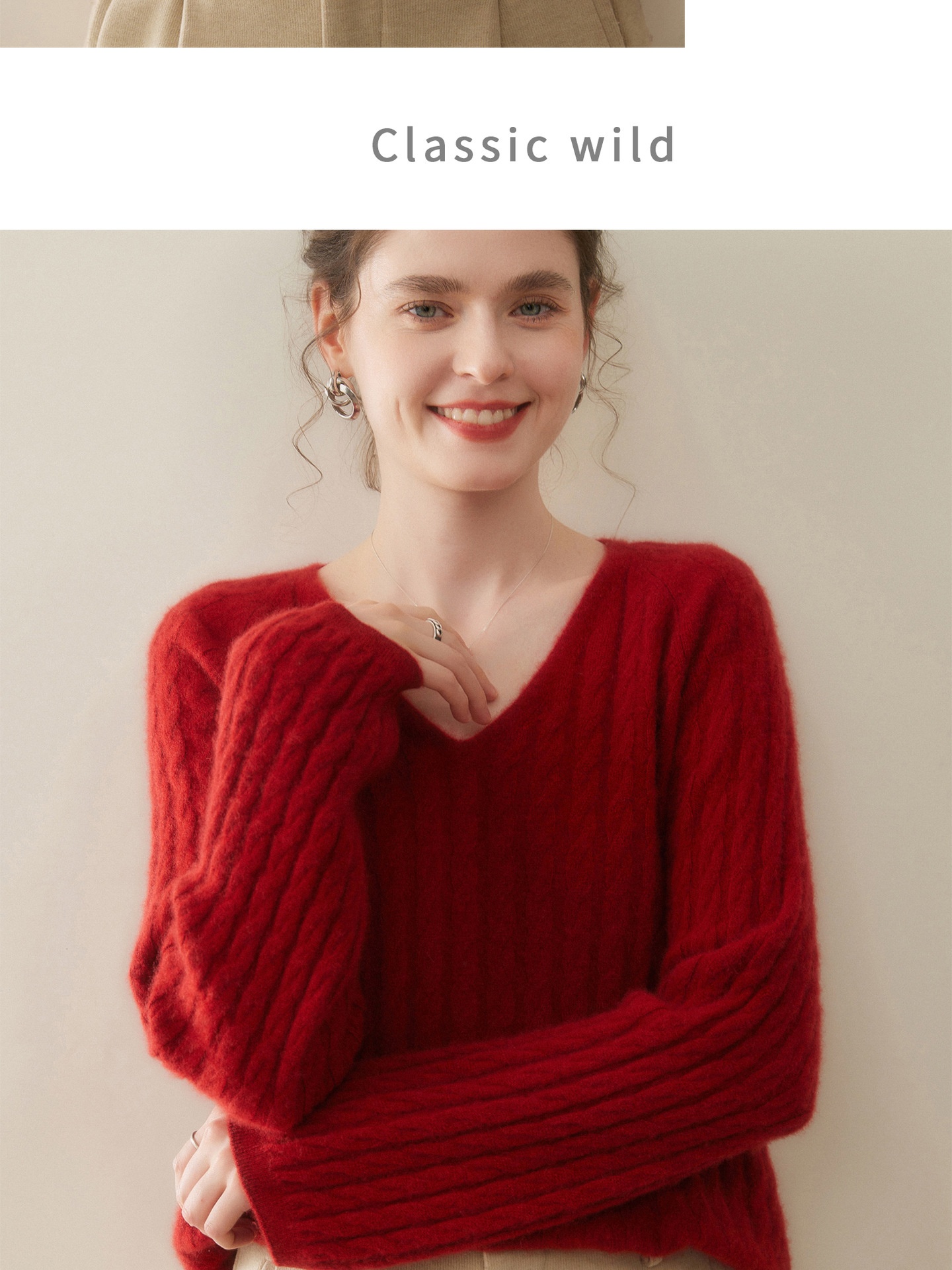 Cashmere Women's Cable Knit V-Neck Cashmere Long Sleeve Sweater