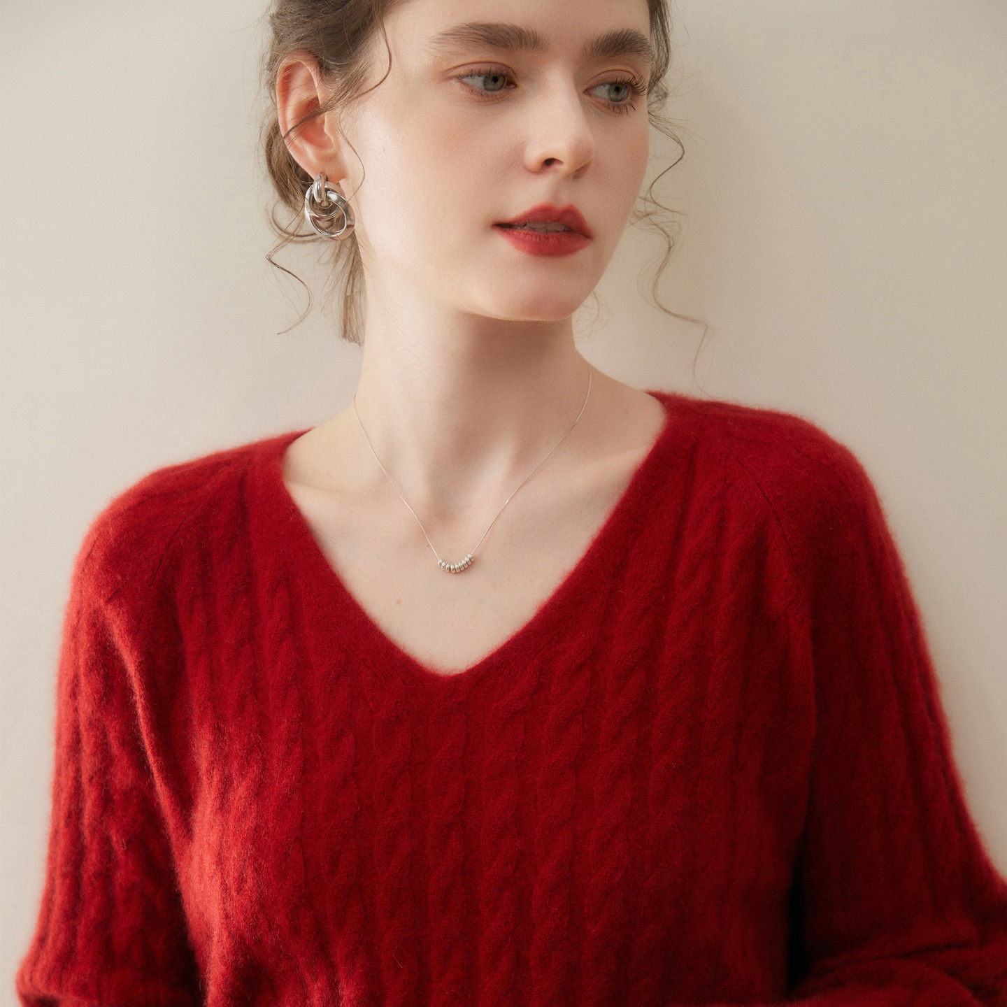 Cashmere Women's Cable Knit V-Neck Cashmere Long Sleeve Sweater