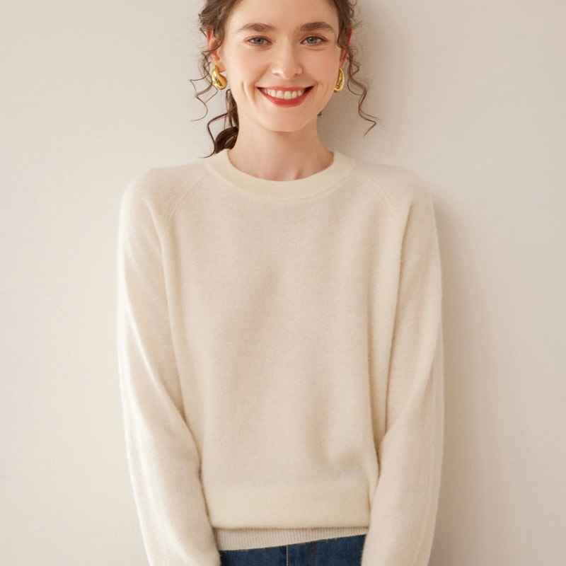 Women's Crew Neck Raglan Cashmere Knit Sweater