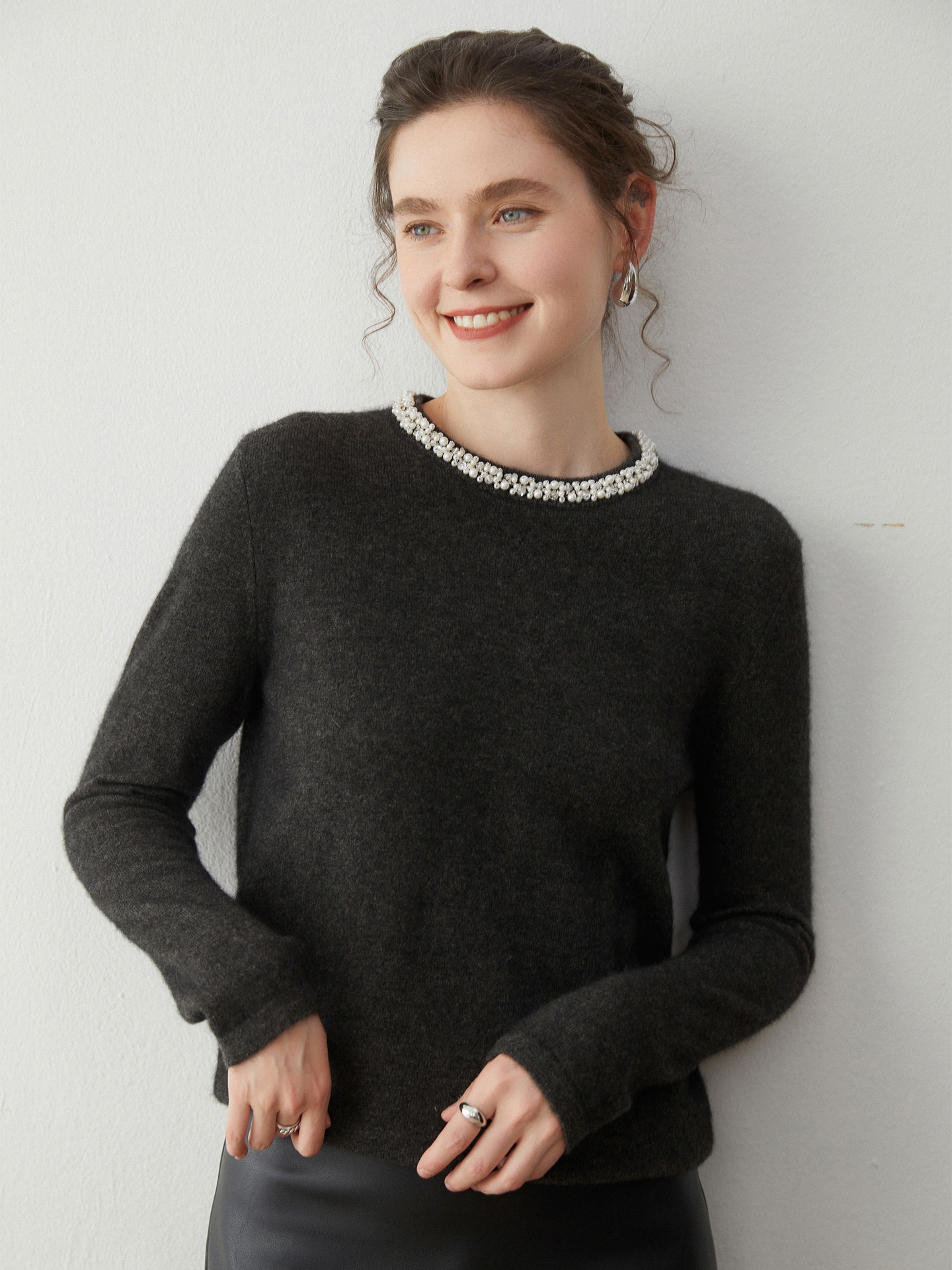 Cashmere Pearl Embellished Crew Neck Knit Sweater