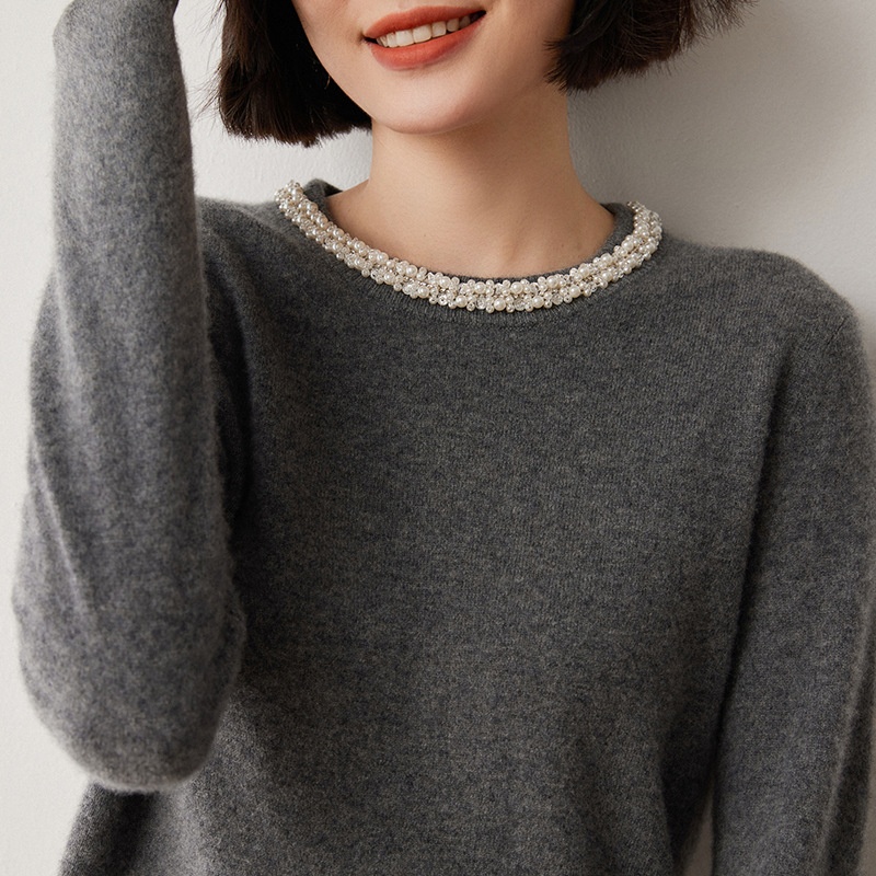Cashmere Pearl Embellished Crew Neck Knit Sweater