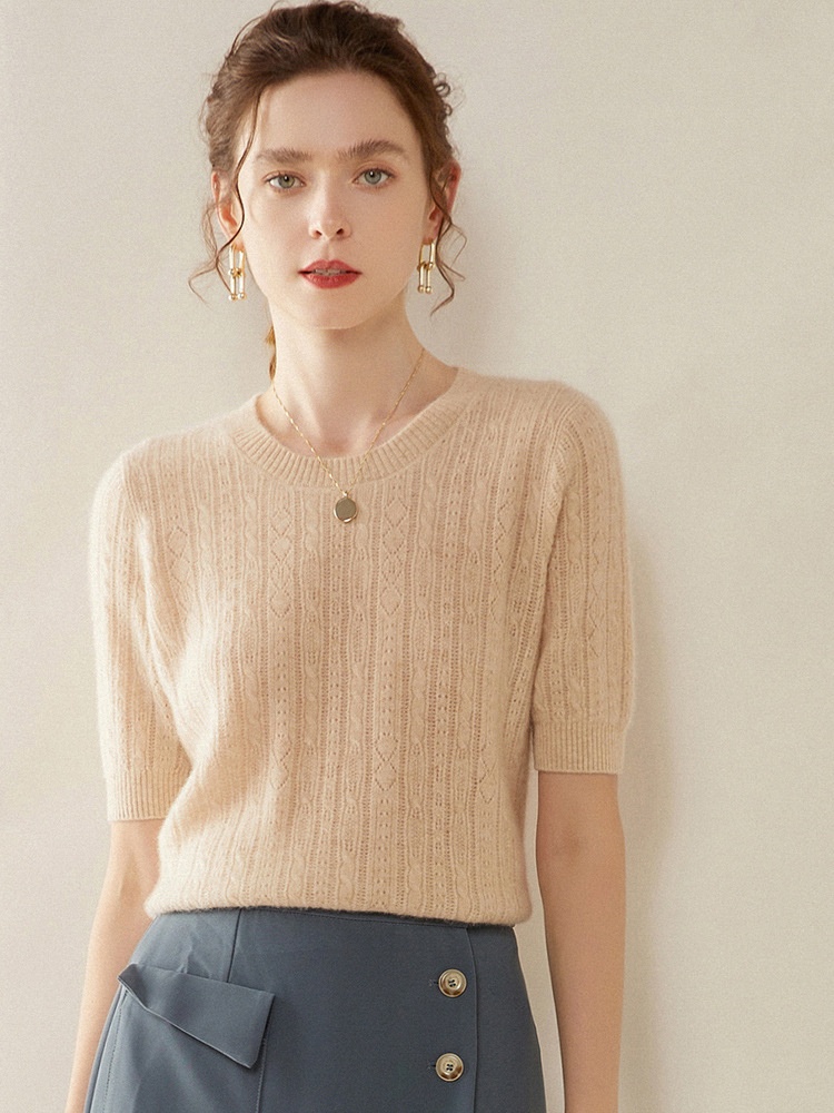 Cashmere Women's Short Sleeve Cable Knit Crewneck Sweater