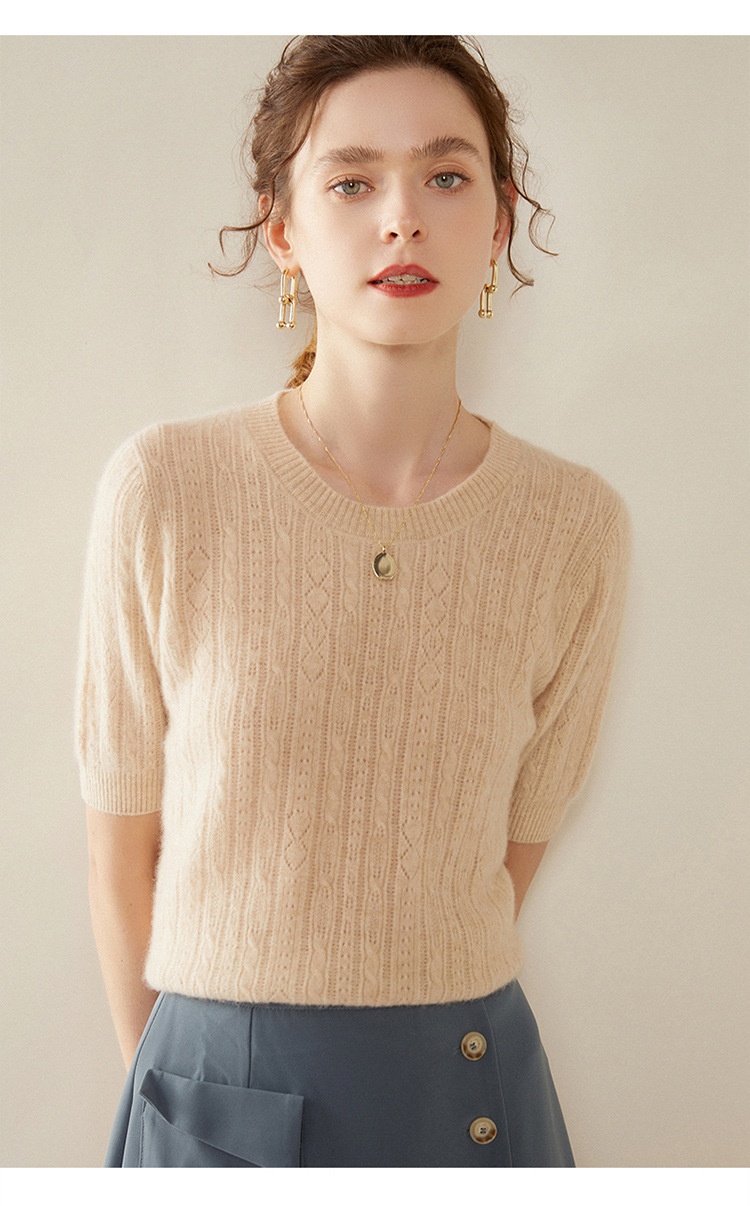 Cashmere Women's Short Sleeve Cable Knit Crewneck Sweater