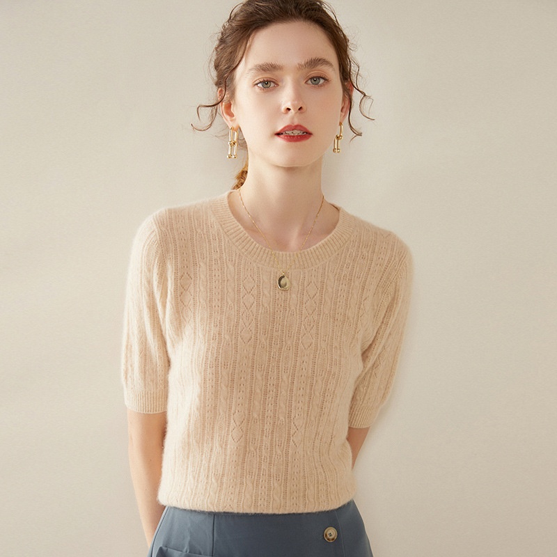 Cashmere Women's Short Sleeve Cable Knit Crewneck Sweater