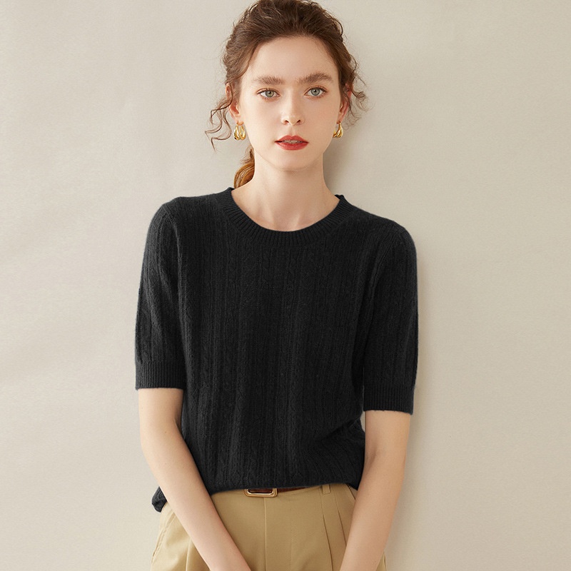 Cashmere Women's Short Sleeve Cable Knit Crewneck Sweater