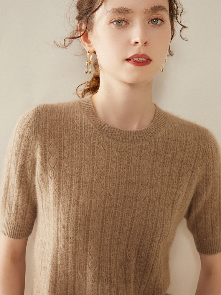 Cashmere Women's Short Sleeve Cable Knit Crewneck Sweater