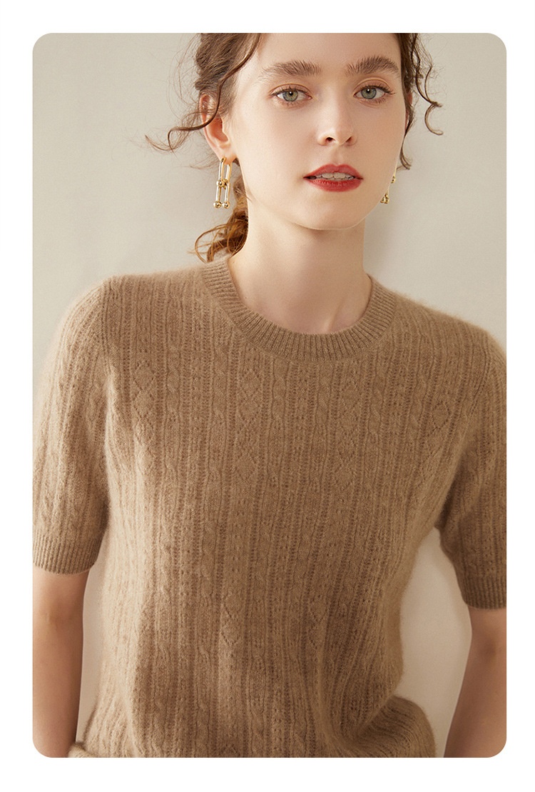 Cashmere Women's Short Sleeve Cable Knit Crewneck Sweater