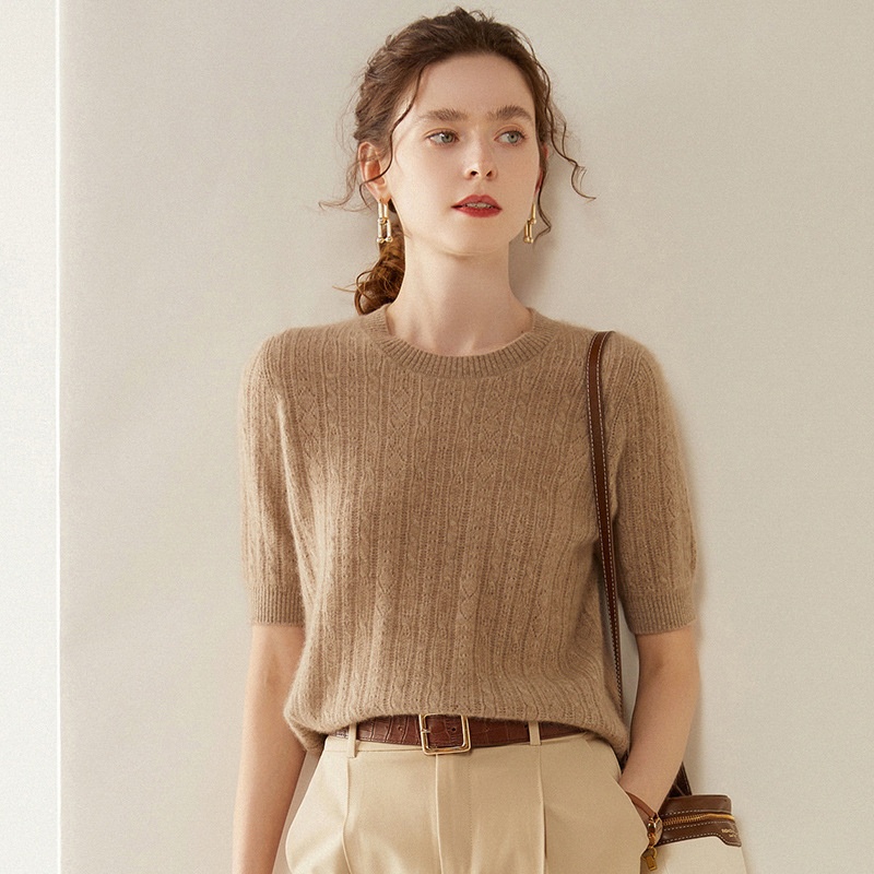 Cashmere Women's Short Sleeve Cable Knit Crewneck Sweater