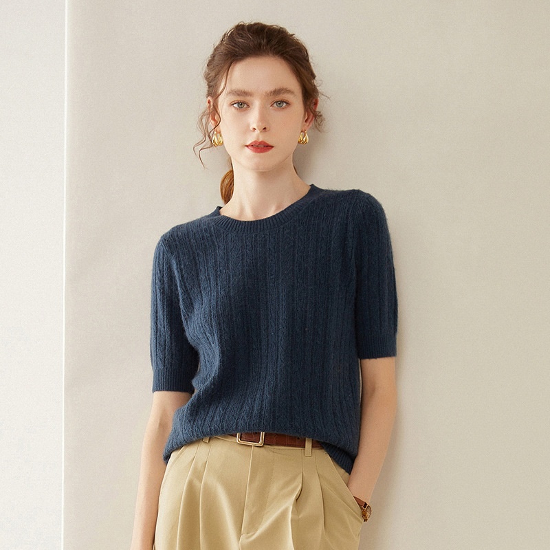 Cashmere Women's Short Sleeve Cable Knit Crewneck Sweater