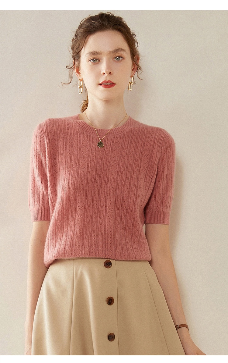 Cashmere Women's Short Sleeve Cable Knit Crewneck Sweater