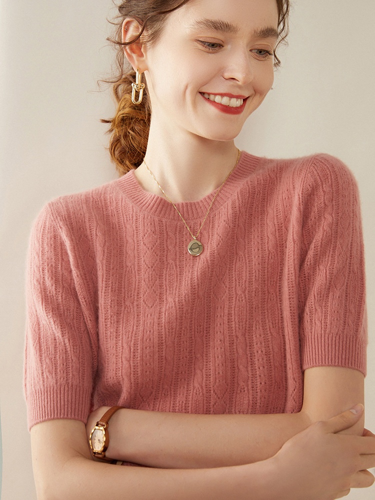 Cashmere Women's Short Sleeve Cable Knit Crewneck Sweater