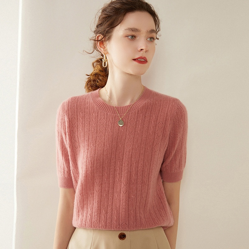 Cashmere Women's Short Sleeve Cable Knit Crewneck Sweater