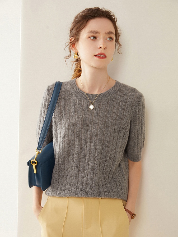 Cashmere Women's Short Sleeve Cable Knit Crewneck Sweater