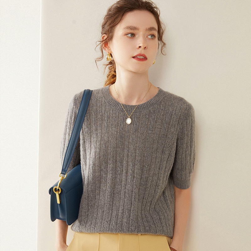 Cashmere Women's Short Sleeve Cable Knit Crewneck Sweater