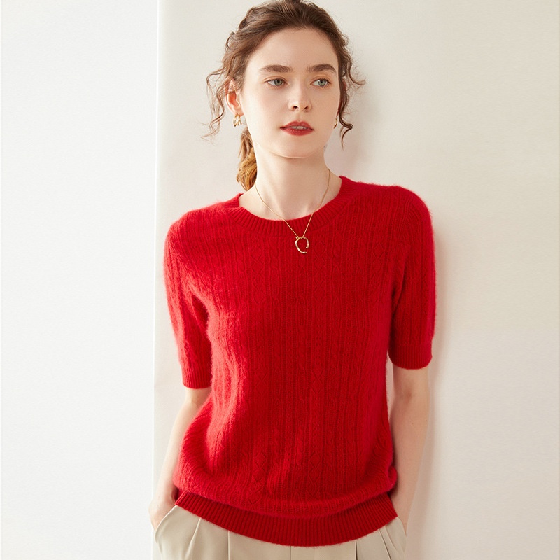 Cashmere Women's Short Sleeve Cable Knit Crewneck Sweater