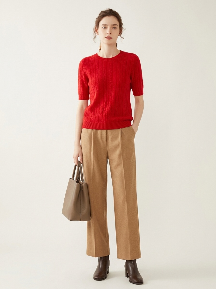 Cashmere Women's Short Sleeve Cable Knit Crewneck Sweater