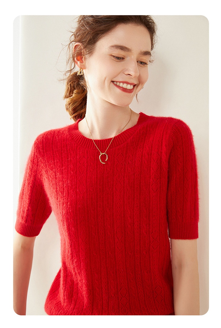 Cashmere Women's Short Sleeve Cable Knit Crewneck Sweater