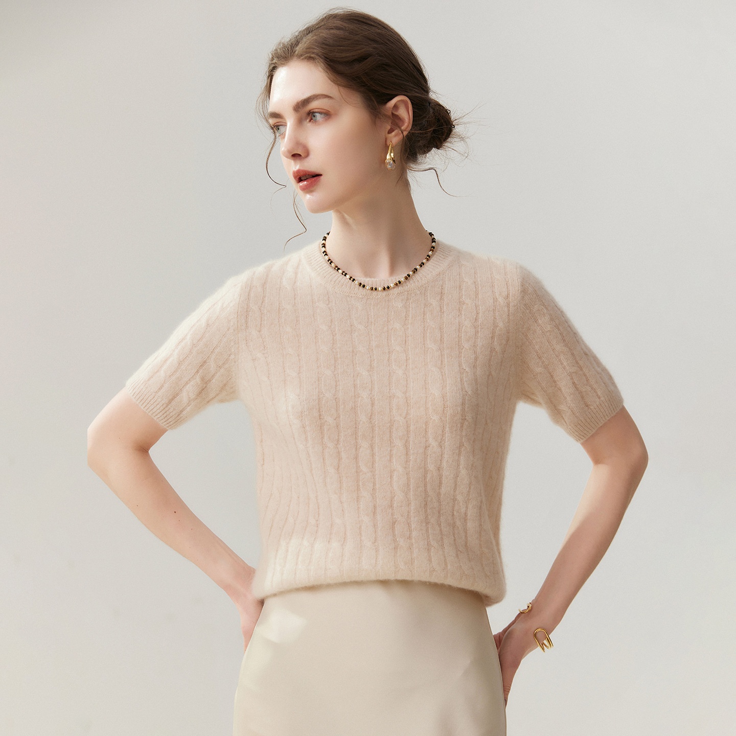 Women's Cable Knit Short Sleeve Crewneck Top