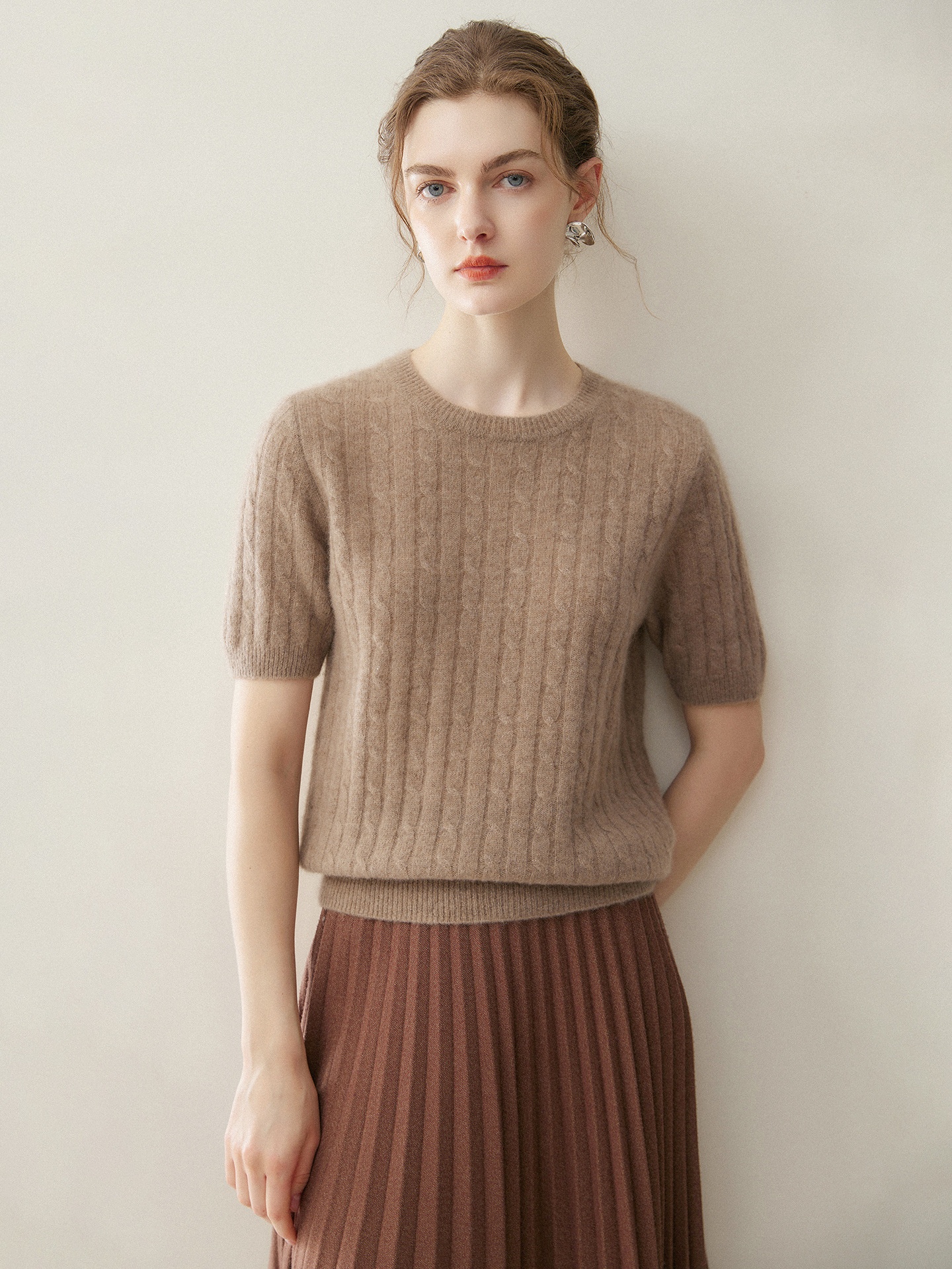 Women's Cable Knit Short Sleeve Crewneck Top