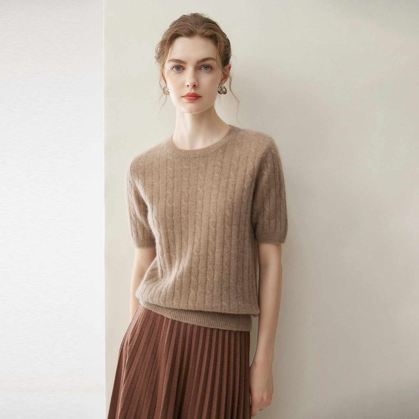 Women's Cable Knit Short Sleeve Crewneck Top