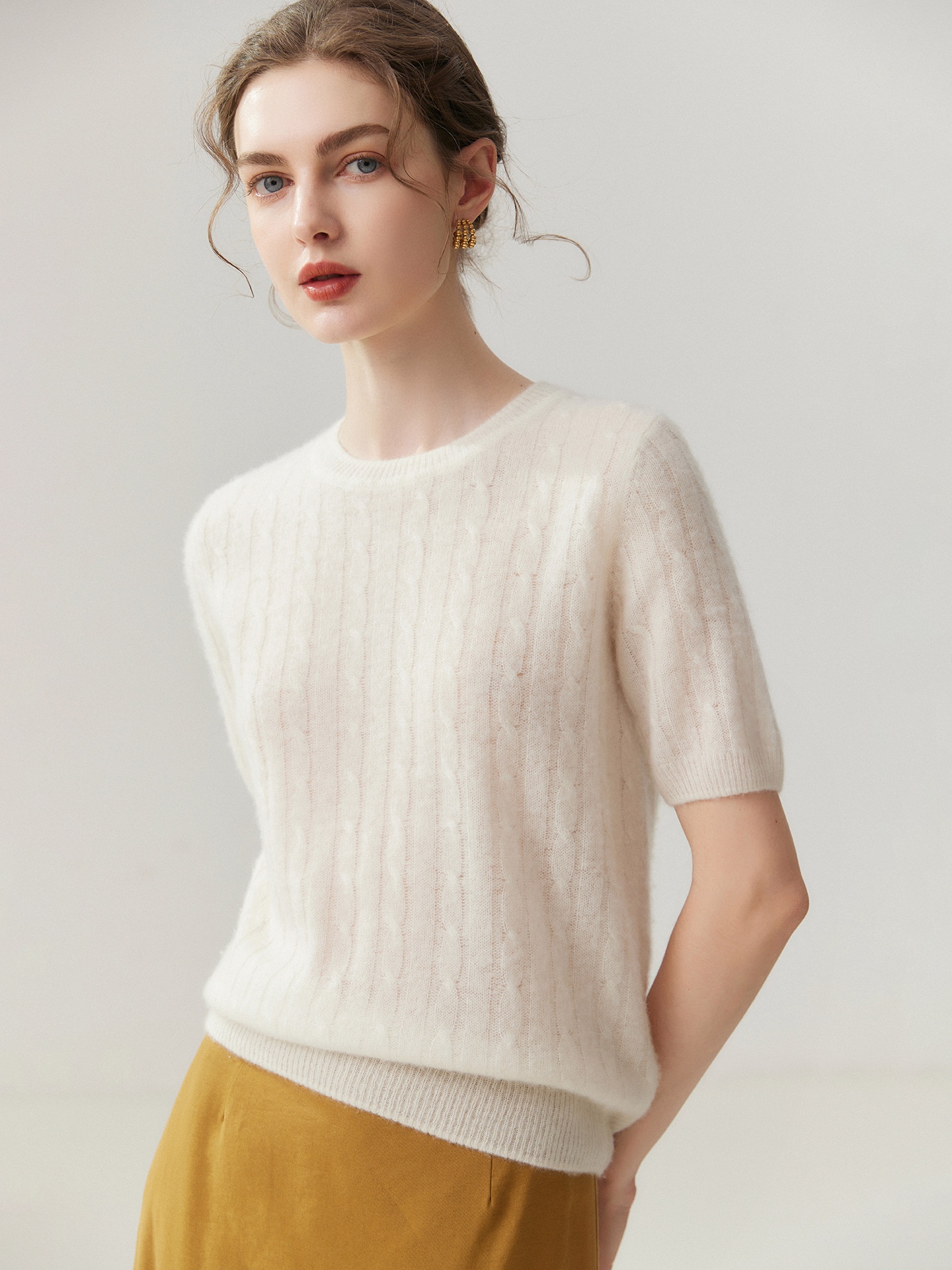 Women's Cable Knit Short Sleeve Crewneck Top
