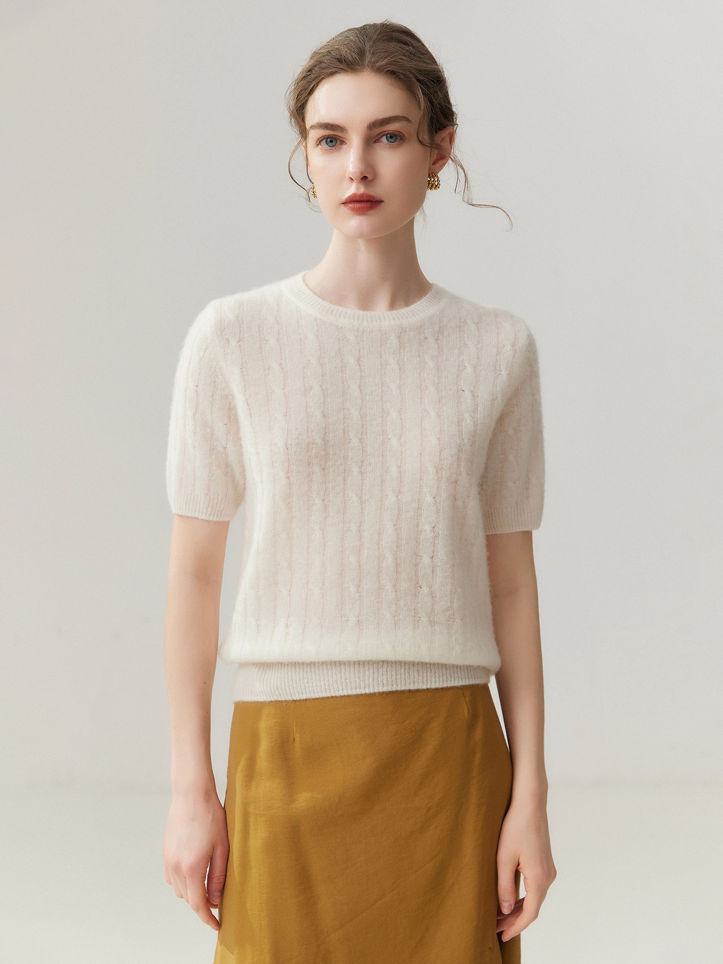 Women's Cable Knit Short Sleeve Crewneck Top