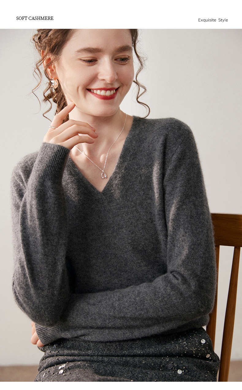 Cashmere Women's V-Neck Long Sleeve Cashmere Knit Sweater
