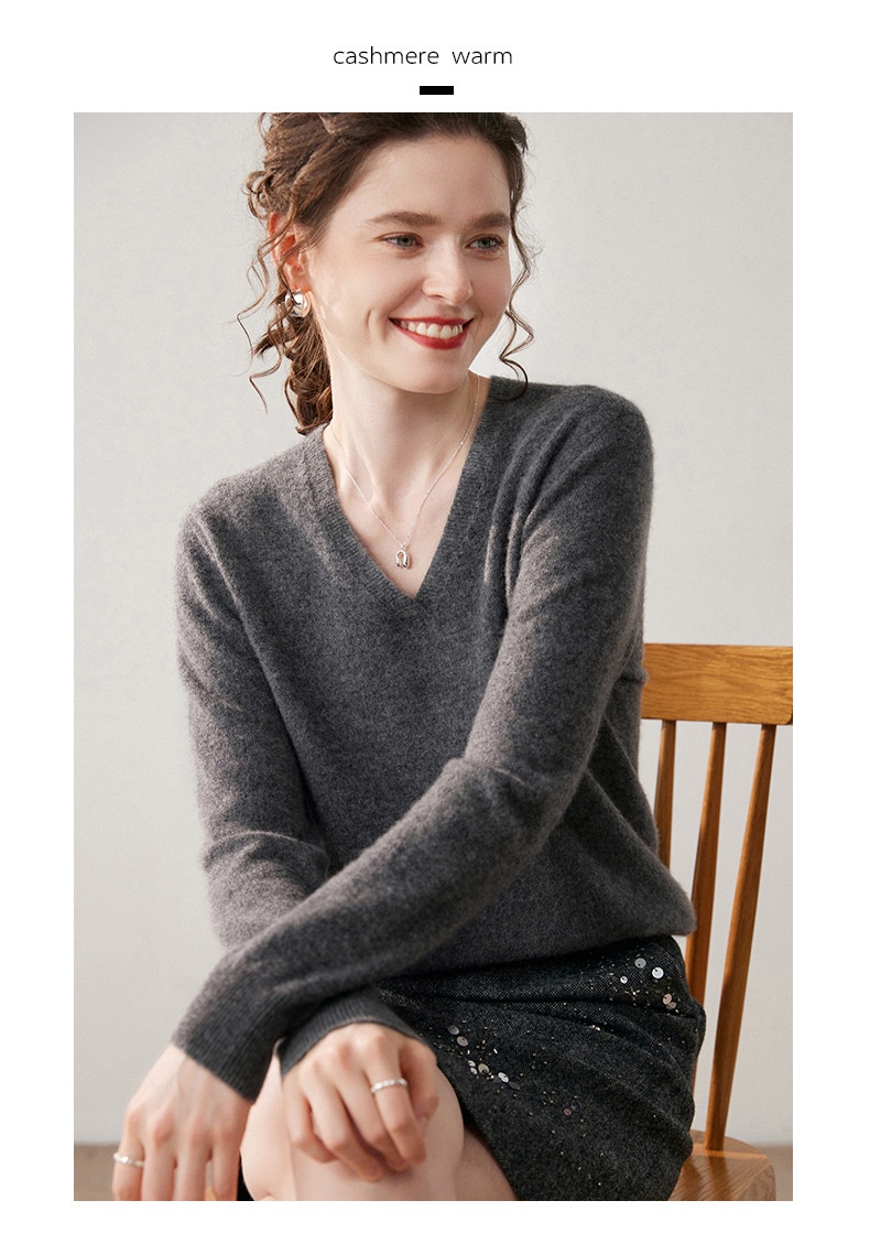 Cashmere Women's V-Neck Long Sleeve Cashmere Knit Sweater