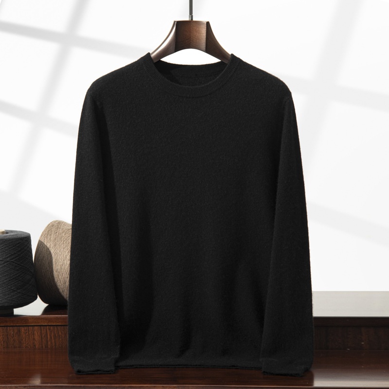 Jersey de manga larga de punto fino con cuello redondo clásico para hombre de cachemira