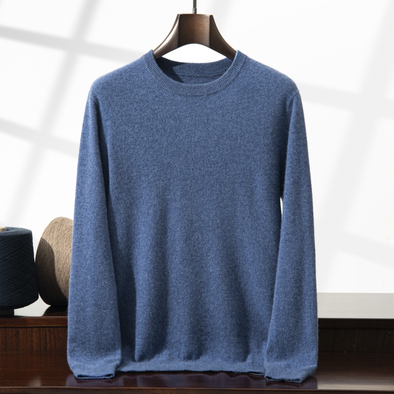 Jersey de manga larga de punto fino con cuello redondo clásico para hombre de cachemira
