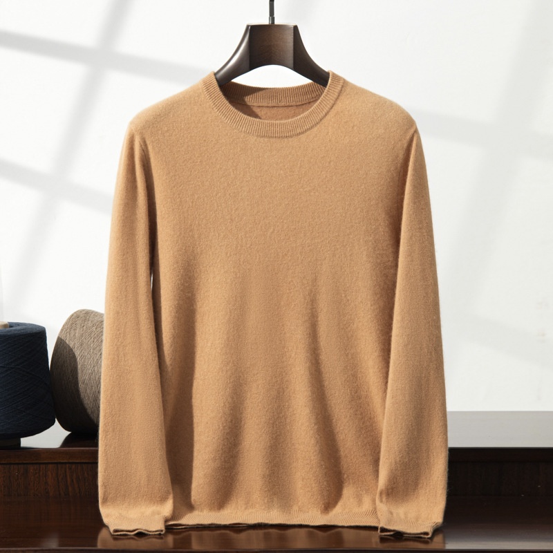 Jersey de manga larga de punto fino con cuello redondo clásico para hombre de cachemira