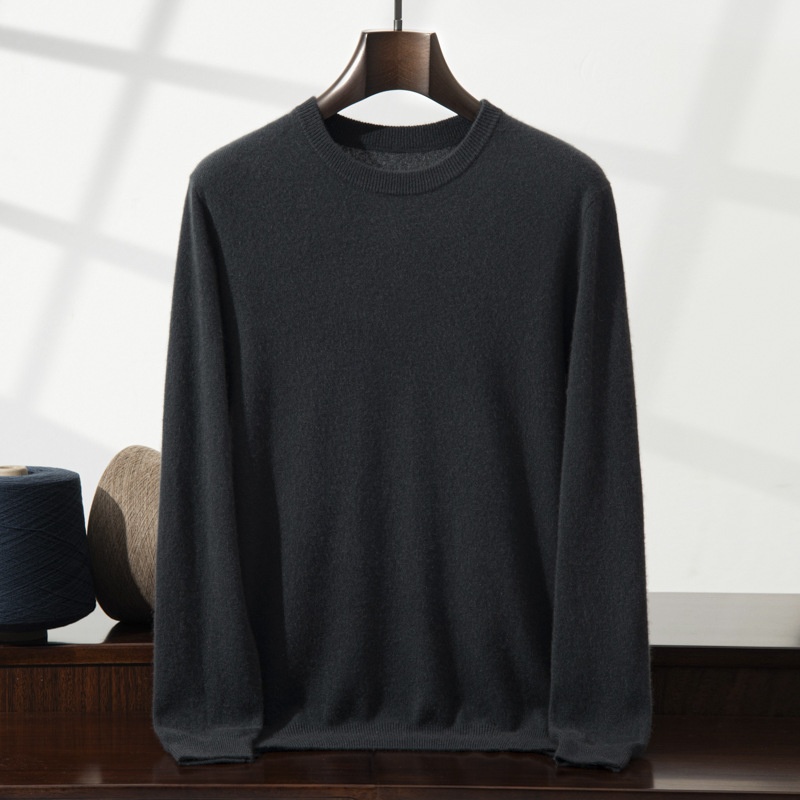 Jersey de manga larga de punto fino con cuello redondo clásico para hombre de cachemira