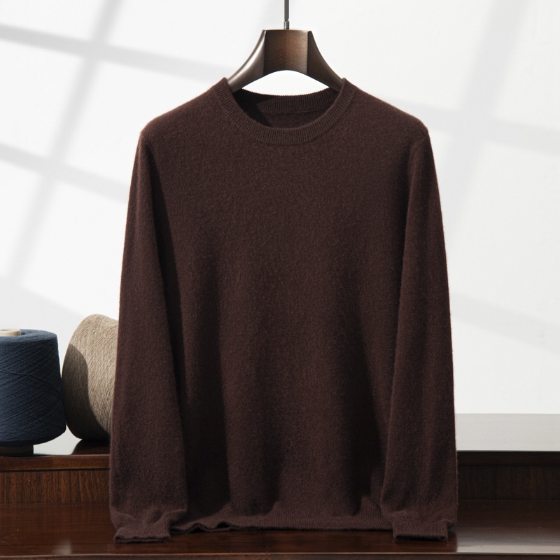 Jersey de manga larga de punto fino con cuello redondo clásico para hombre de cachemira