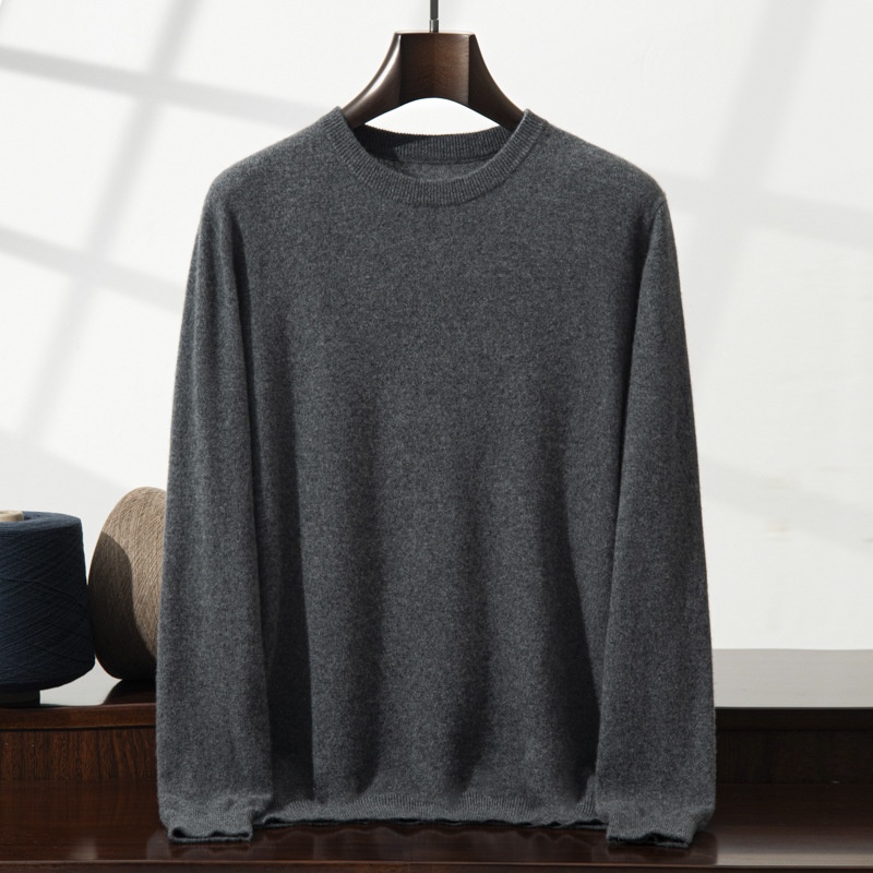Jersey de manga larga de punto fino con cuello redondo clásico para hombre de cachemira