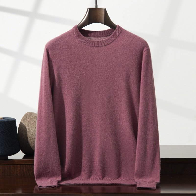 Jersey de manga larga de punto fino con cuello redondo clásico para hombre de cachemira