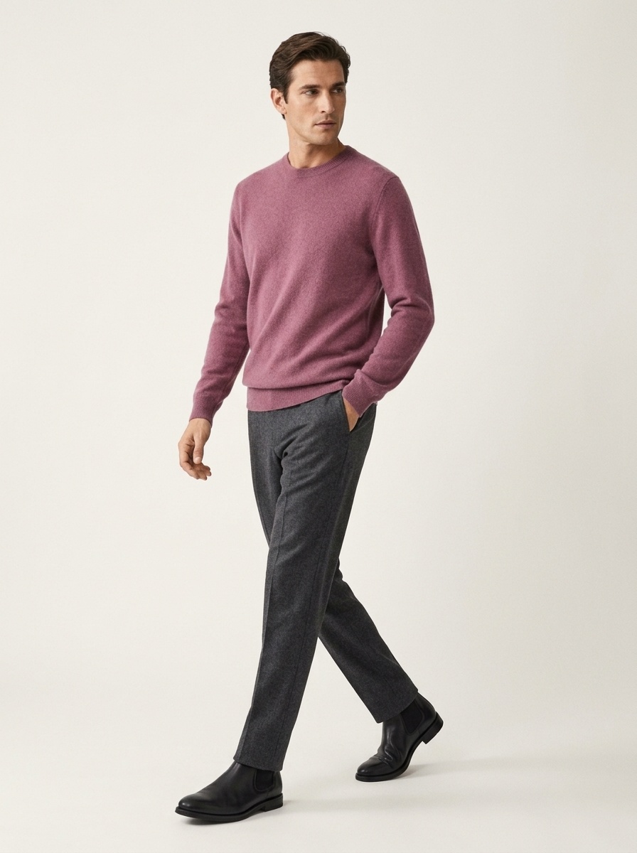 Jersey de manga larga de punto fino con cuello redondo clásico para hombre de cachemira