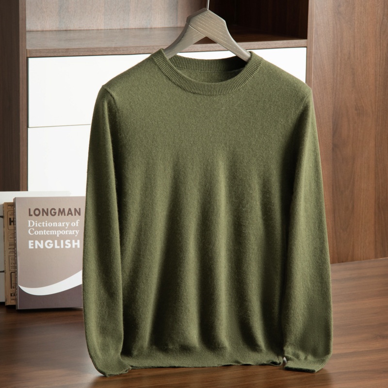 Jersey de manga larga de punto fino con cuello redondo clásico para hombre de cachemira