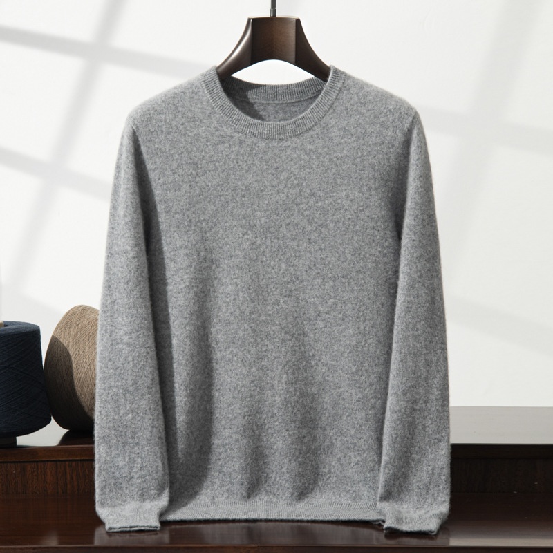 Jersey de manga larga de punto fino con cuello redondo clásico para hombre de cachemira