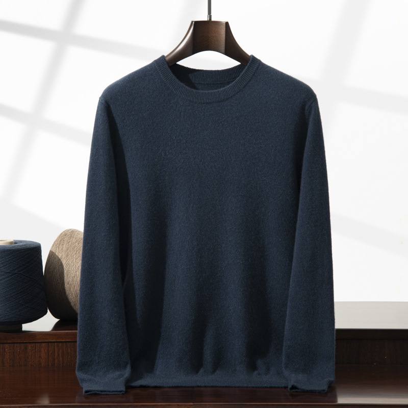 Jersey de manga larga de punto fino con cuello redondo clásico para hombre de cachemira