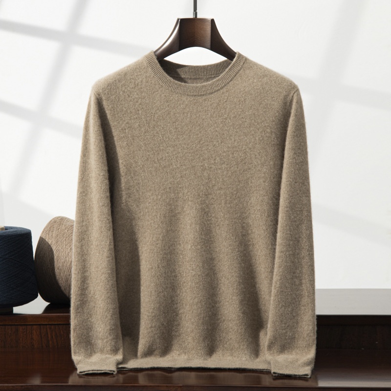 Jersey de manga larga de punto fino con cuello redondo clásico para hombre de cachemira