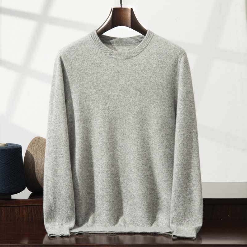Jersey de manga larga de punto fino con cuello redondo clásico para hombre de cachemira