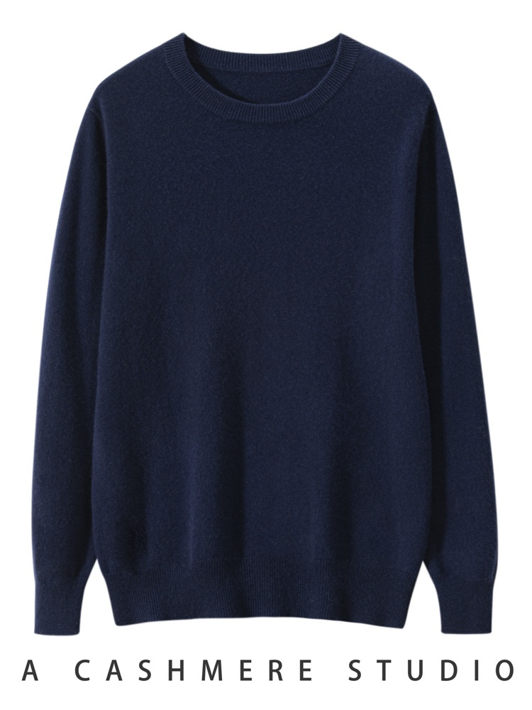 Jersey de manga larga de punto fino con cuello redondo clásico para hombre de cachemira