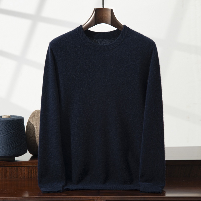 Jersey de manga larga de punto fino con cuello redondo clásico para hombre de cachemira
