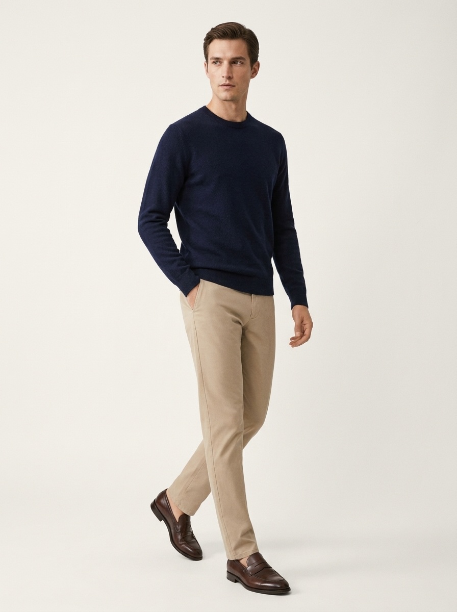 Jersey de manga larga de punto fino con cuello redondo clásico para hombre de cachemira