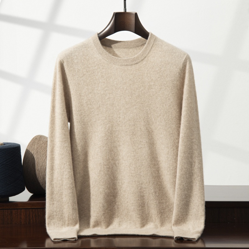 Jersey de manga larga de punto fino con cuello redondo clásico para hombre de cachemira