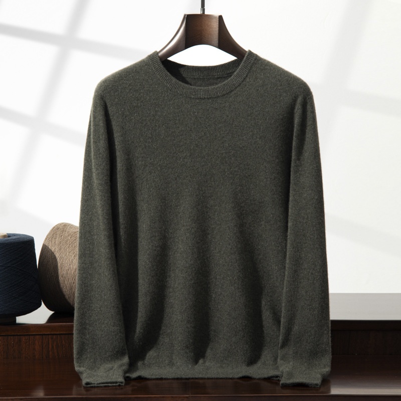 Jersey de manga larga de punto fino con cuello redondo clásico para hombre de cachemira