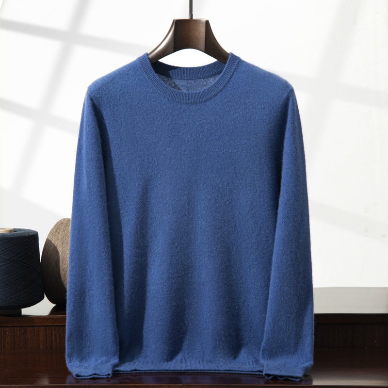 Jersey de manga larga de punto fino con cuello redondo clásico para hombre de cachemira